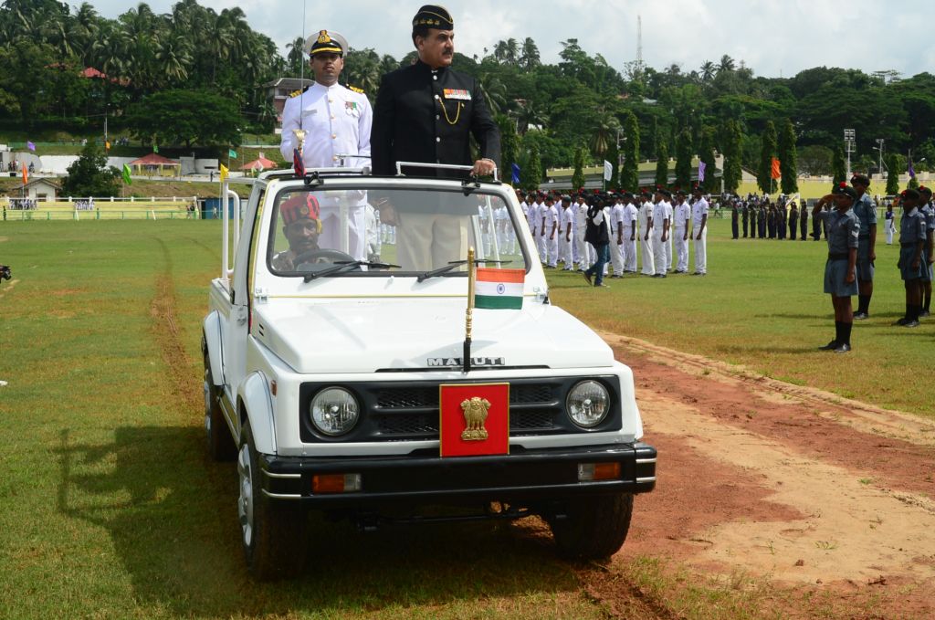 As Parade Commander, escorting the Lt Governor, Lt Gen A K Singh (Retd), during the parade inspection, Independence Day, Netaji Stadium, Port Blair, 15 August 2014.